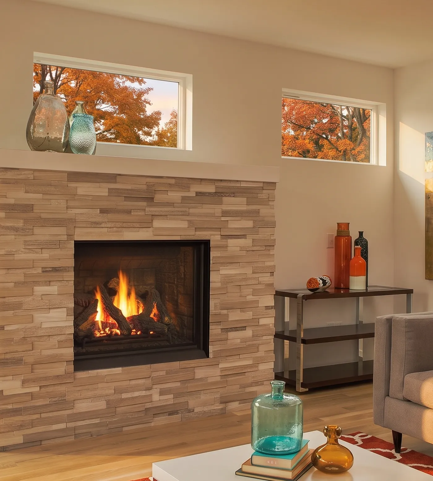 Autumn: orange leaves outside, the gas fireplace lit