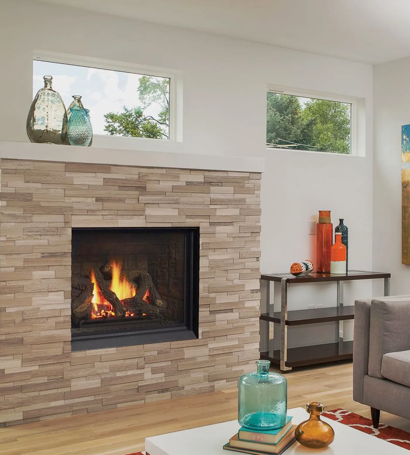 Spring: new leaves outside, the gas fireplace lit