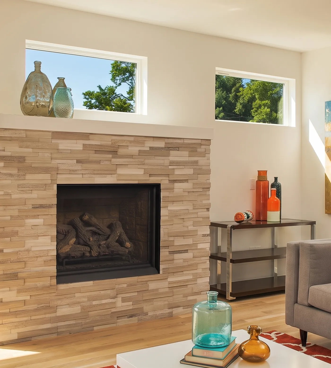 Summer: full sun outside, the fireplace off